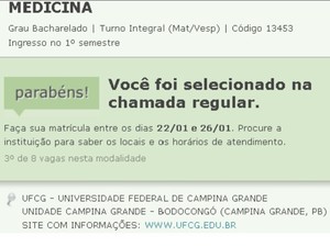 Jeferson Cesar passou em 3º lugar em medicina pelo sistema de cotas (Foto: Reprodução/SiSU)