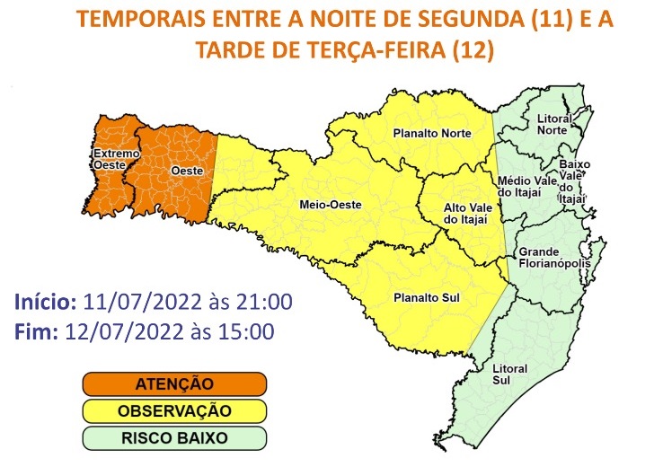 Defesa Civil alerta para fortes chuvas e ventos nas regiões do Oeste do Estado – Foto: Defesa Civil/Reprodução/ND