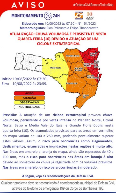 Área vermelha do mapa pode registrar acumulados entre 100 a 250 mm – Foto: Defesa Civil/Divulgação