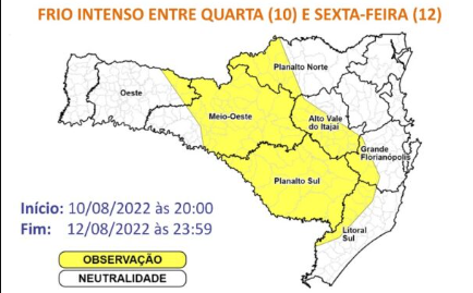 Áreas em amarelo estão em observação para o fenômeno – Foto: Defesa Civil SC/Divulgação/ND