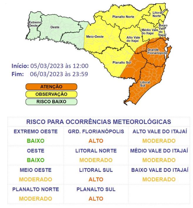 Regiões do Estado onde haverá chuva intensa por conta do ciclone extratropical no Sul do Brasil. – Foto: Defesa Civil/Divulgação/ND