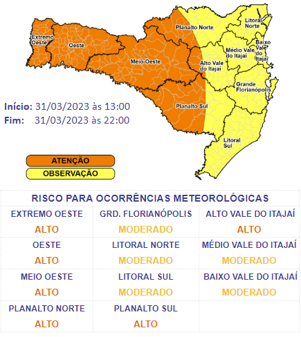 Mapa mostra os riscos em SC em cada região – Foto: Defesa Civil/Divulgação/ND